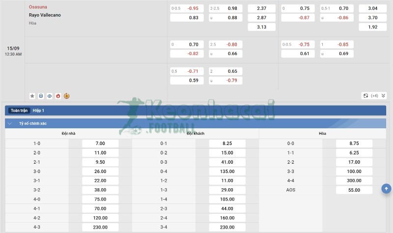 Soi kèo Osasuna vs Rayo Vallecano - 23h30 ngày 14/9 - La Liga 4 Tỷ lệ kèo Osasuna vs Rayo Vallecano